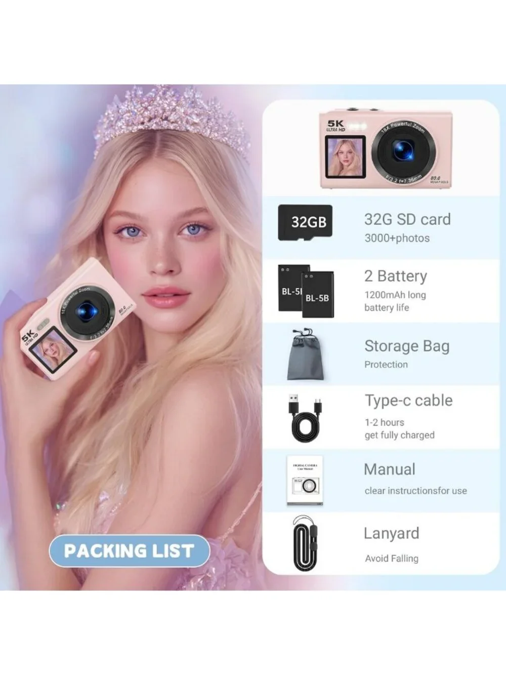 5K Dual Screen Vlogging Camera with Fill Light, 80MP, 16X Zoom, WiFi, 32GB Card